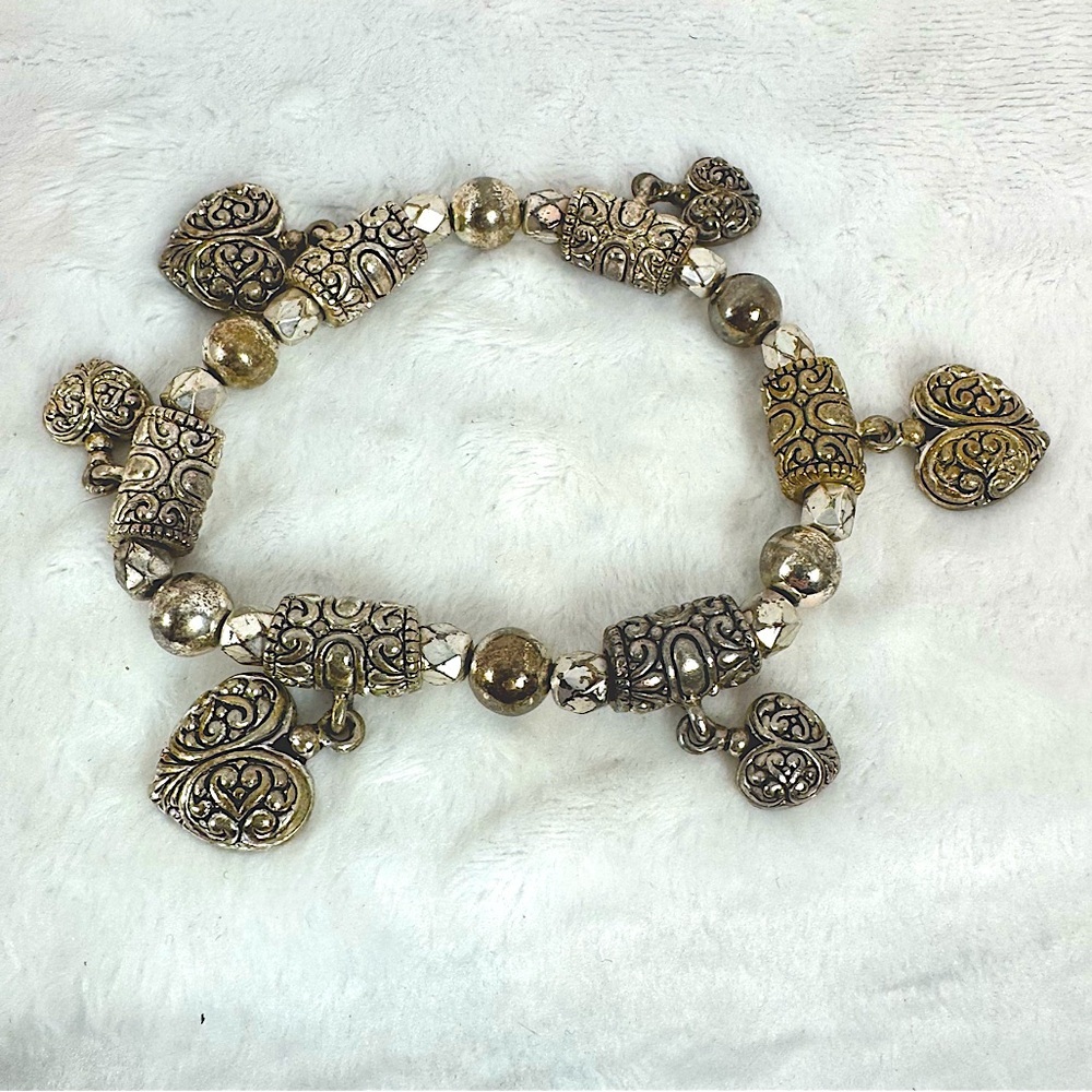 Heavy Silver Tone Heart Charm Bracelet Vintage Estate Jewelry Romantic Love